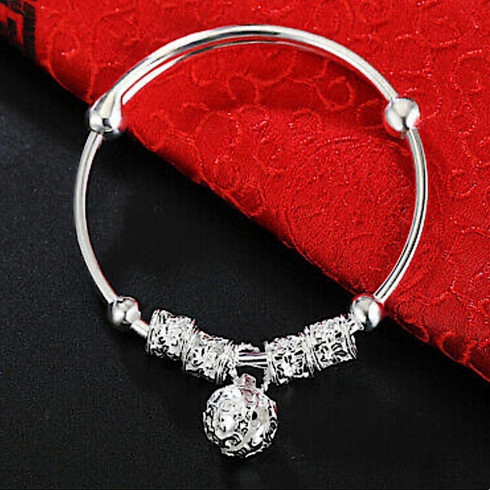 Boho Sterling Silver Resizable Ball Charm Bangle Bracelet - Picture 10 of 14